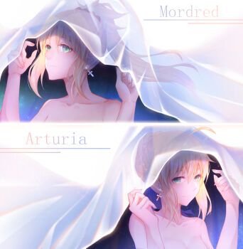 2girls 333_(pixiv8601259) absurdres ahoge artoria_pendragon_(fate) blonde_hair blue_ribbon braid braided_bun breasts bun_with_braided_base character_name cleavage collarbone cross cross_earrings earrings fate_(series) green_eyes hair_between_eyes hair_bun hair_ornament hair_ribbon hair_scrunchie high_ponytail highres jewelry long_hair mordred_(fate) mordred_(fate/apocrypha) multiple_girls nude ponytail portrait red_scrunchie ribbon saber_(fate) scrunchie short_hair small_breasts smile split_screen