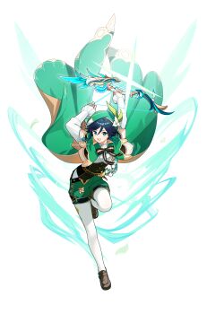 1boy absurdres aerokinesis archery argyle_clothes argyle_pantyhose arisuke_(natuyan) arms_up beret black_hair blue_hair bow bow_(weapon) bowtie braid brown_bow brown_bowtie brown_corset brown_shoes cape commentary_request corset floating_cape flower full_body genshin_impact gradient_hair green_cape green_eyes green_hat green_shorts hair_between_eyes hat hat_flower highres holding holding_bow_(weapon) holding_weapon loafers long_sleeves looking_at_viewer male_focus multicolored_hair open_mouth pantyhose powering_up shirt shoes short_hair_with_long_locks shorts smile solo standing standing_on_one_leg the_daybreak_chronicles_(genshin_impact) twin_braids twitter_username venti_(genshin_impact) vision_(genshin_impact) weapon white_background white_pantyhose white_shirt wind