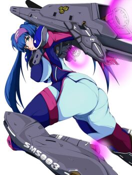 1girl arajin_(arazinz) armor ass bandana blue_hair bodysuit breasts dutch_angle eyebrows female_focus flying giant giantess green_eyes jetpack klan_klein large_breasts legs long_hair looking_at_viewer looking_back macross macross_frontier mecha_musume meltrandi pantylines pilot_suit purple_bodysuit rocket_launcher s.m.s. science_fiction shield simple_background skin_tight solo spacesuit spoilers super_pack thighs very_long_hair vf-25 weapon white_background zentradi