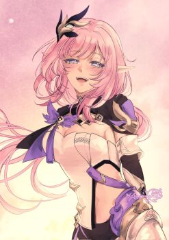 1girl artist_name black_shorts black_shrug blue_eyes breasts cleavage commentary corset elf elysia_(honkai_impact) elysia_(miss_pink_elf)_(honkai_impact) english_commentary hair_ornament highres honkai_(series) honkai_impact_3rd large_breasts long_hair looking_at_viewer pink_hair pink_sky pointy_ears short_shorts shorts shrug_(clothing) sky smile solo very_long_hair white_corset yeonpoppu
