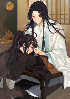 Rule 34 | 2boys, ahoge, amana raika, black hair, black hanfu, chinese clothes, closed eyes, closed mouth, commentary request, couple, curtains, flower, grey pants, grey sash, hair ribbon, hanfu, headband, high ponytail, highres, indoors, lan wangji, long hair, long sleeves, looking at another, male focus, modao zushi, multiple boys, pants, playing with another's hair, ponytail, red ribbon, ribbon, robe, see-through curtains, sidelocks, sitting, sleeping, table, topknot, twitter username, watermark, wei wuxian, white hanfu, white headband, wide sleeves, window, wooden floor, xiao guan (headdress), yaoi, yellow eyes