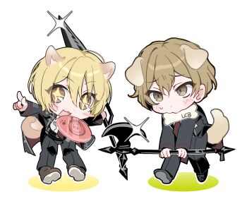 +_+ 1boy 1girl absurdres animal_ears black_coat black_pants blush bone chibi chibi_only coat dog_ears dog_tail don_quixote_(project_moon) frisbee halberd highres holding holding_polearm holding_weapon lance limbus_company looking_at_viewer manic_rabbits necktie pants pointing pointing_up polearm project_moon red_necktie simple_background sinclair_(project_moon) sweatdrop tail weapon