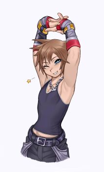 1boy armpits arms_up bare_shoulders belt blue_eyes brown_hair chuchubreeze commentary crown_necklace english_commentary eyelashes fingerless_gloves gloves highres kingdom_hearts male_focus midriff_peek one_eye_closed pants short_hair smile sora_(kingdom_hearts) star_(symbol) stretching tank_top tight_clothes