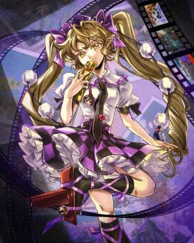 Rule 34 | 1girl, bell, black necktie, black skirt, black socks, bow, brown hair, card, cellphone, checkered clothes, checkered skirt, collared shirt, commentary, english commentary, feet out of frame, film grain, film strip, flip phone, frilled shirt collar, frilled skirt, frills, geta, hair bow, hat, heart pin, highres, himekaidou hatate, holding, holding card, kirame kirai, kneehighs, long hair, looking at viewer, necktie, petticoat, phone, pointy ears, purple bow, purple hat, purple ribbon, purple skirt, ribbon, shameimaru aya, shirt, shirt tucked in, short sleeves, skirt, smile, socks, solo, tengu-geta, tie clip, tokin hat, touhou, twintails, white shirt, yellow eyes, yin yang