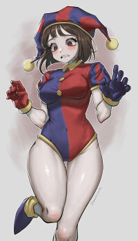 Rule 34 | 1girl, absurdres, alternate costume, artist name, asymmetrical gloves, blue bodysuit, blue eyes, blue footwear, blue gloves, blue headwear, bodysuit, breasts, brown hair, bubi (bin1886), cameltoe, commentary request, embarrassed, frown, gloves, gradient background, hat, highres, humanization, jester, jester cap, jester costume, korean commentary, looking down, medium breasts, medium hair, mismatched gloves, multicolored bodysuit, multicolored eyes, navel, pale skin, pomni (the amazing digital circus), puffy short sleeves, puffy sleeves, red bodysuit, red eyes, red gloves, red headwear, ribs, short sleeves, the amazing digital circus, thick thighs, thighs, two-tone bodysuit, two-tone eyes, two-tone headwear