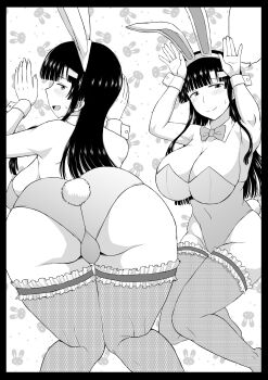 Rule 34 | 1girl, absurdres, bent over, black hair, breasts, deep valley, from behind, fujimiya megumi, highres, inkou kyoushi no saimin seikatsu shidouroku, large breasts, looking at viewer, looking back, playboy bunny, pussy bulge, rabbit background, rabbit ears, rabbit pose, solo, thighhighs