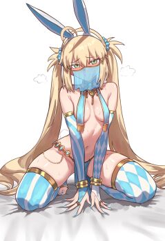 1girl ahoge alternate_costume animal_ears arabian_clothes argyle_clothes argyle_thighhighs artoria_caster_(fate) artoria_caster_(swimsuit_berserker)_(second_ascension)_(fate) artoria_pendragon_(fate) blonde_hair blue_bridal_gauntlets blue_nails blue_thighhighs breast_curtains breasts bridal_gauntlets commentary ebora english_commentary fake_animal_ears fate/grand_order fate_(series) green_eyes harem_outfit highres kneeling long_hair looking_at_viewer mouth_veil nail_polish navel pelvic_curtain rabbit_ears simple_background small_breasts solo stirrup_legwear thighhighs toeless_legwear toenail_polish toenails tongue tongue_out twintails two-tone_thighhighs veil