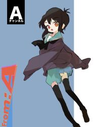 Rule 34 | 1girl, a channel, antenna hair, black neckerchief, black thighhighs, blue background, copyright name, full body, funao oekaki, green sailor collar, green skirt, highres, ichii tooru, long sleeves, looking at viewer, miniskirt, neckerchief, open mouth, pleated skirt, red eyes, sailor collar, school uniform, serafuku, simple background, skirt, sleeves past fingers, sleeves past wrists, solo, thighhighs, twisted torso