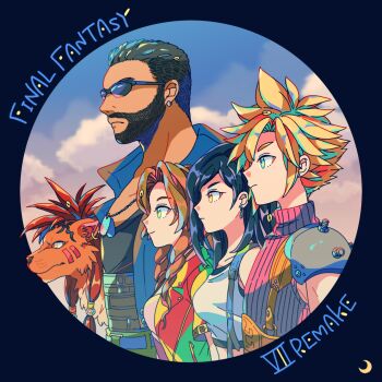 2boys 2girls aerith_gainsborough animal_ear_piercing armor barret_wallace beard black_hair blonde_hair blue_jacket braid cloud_strife connected_beard copyright_name cropped_shirt dog_tags earrings facial_hair final_fantasy final_fantasy_vii final_fantasy_vii_remake highres jacket jewelry lion mizuki_tsukimori multiple_boys multiple_girls red_xiii ribbed_sweater shoulder_armor sunglasses sweater tifa_lockhart twin_braids yellow_eyes