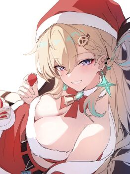 1girl absurdres aida_noa alternate_costume bare_shoulders blonde_hair braid braided_bangs breasts cleavage commentary earrings food from_above fruit hair_between_eyes hair_ornament hat highres holding holding_food holding_fruit jewelry light_blush long_hair looking_at_viewer looking_to_the_side looking_up lynae_(wuthering_waves) medium_breasts parted_lips purple_eyes red_skirt santa_hat skirt skull_hair_ornament smile solo star_(symbol) star_earrings strawberry unfinished wuthering_waves