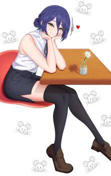 1girl absurdres black_ribbon black_shorts black_thighhighs blue_hair brown_shoes chainsaw_man closed_mouth flower green_eyes hands_on_own_chin head_rest heart highres jar loafers looking_at_viewer neck_ribbon reze_(chainsaw_man) ribbon shirt shoes shorts sitting sleeveless sleeveless_shirt smile solo table thighhighs water white_flower white_shirt yun_(cycy321)
