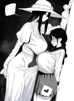 ... 1futa 1girl absurdres braid breasts bulge commentary_request dress erection erection_under_clothes futanari greyscale hasshaku-sama hat heart height_difference highres huge_breasts kabedon large_breasts long_hair monochrome original pleated_skirt school_uniform serafuku skirt spoken_ellipsis spoken_heart tall_female very_long_hair xipa