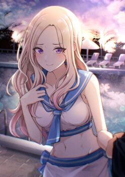 1girl absurdres bikini blonde_hair blue_sailor_collar blush breasts closed_mouth collarbone gakuen_idolmaster highres idolmaster juo_sena kusaka_io large_breasts long_hair looking_at_viewer midriff multicolored_hair navel outdoors pink_hair pool poolside purple_eyes sailor_bikini sailor_collar smile solo streaked_hair swimsuit two-tone_hair very_long_hair white_bikini