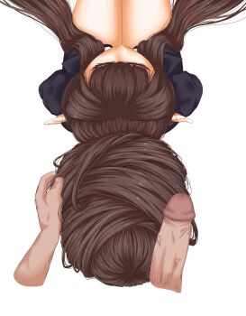 Rule 34 | 1girl, bebekp, brown hair, fate/apocrypha, fate (series), from above, hair bun, hair flowing over, hair focus, hand in another's hair, highres, jacket, long hair, penis, semiramis (fate), simple background, single hair bun, sitting, suit jacket, veins, veiny penis, very long hair, white background