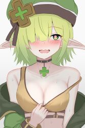 Rule 34 | 1girl, absurdres, aoi (camp) (princess connect!), aoi (princess connect!), arms at sides, bare shoulders, blush, breasts, brown tank top, cleavage, clover ornament, collarbone, elf, green eyes, green hair, green hat, green jacket, hair over one eye, hat, heart, heart-shaped pupils, highres, jacket, medium breasts, medium hair, open clothes, open jacket, open mouth, orange sports bra, orange tank top, pendant choker, pointy ears, princess connect!, ryachika, simple background, solo, sports bra, strap slip, symbol-shaped pupils, tank top, upper body