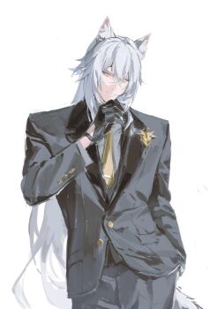 Rule 34 | 1boy, animal ear fluff, animal ears, black gloves, black jacket, black pants, cat boy, cat ears, cat tail, closed mouth, clothing cutout, commentary, crossed bangs, duetrofl, english commentary, glove cutout, gloves, hair between eyes, highres, jacket, long hair, looking at viewer, male focus, necktie, pants, police badge, severian lowell, simple background, solo, tail, white background, white hair, yellow eyes, yellow necktie, zenless zone zero