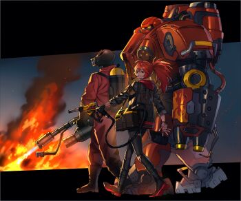 Rule 34 | absurdres, adriana rivera, armband, armor, black survival, brown eyes, fire, firebat (starcraft), flamethrower, gas mask, gas pump nozzle, grin, highres, holding, holding flamethrower, holding weapon, looking at viewer, mask, oxygen tank, pants, power armor, pyro (tf2), ratatatat74, red hair, red pyro (tf2), smile, smoking pipe, smoking pipe in mouth, starcraft, team fortress 2, torn clothes, torn pants, trait connection, weapon