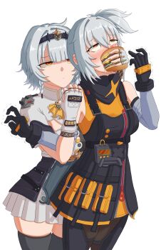 2girls absurdres anby_demara anby_demara_(silver_soldier) black_gloves black_thighhighs burger feeding fingerless_gloves food force-feeding gloves grey_hair hair_between_eyes highres holding holding_burger holding_food kakapopo multiple_girls orange_eyes ponytail short_hair simple_background skirt soldier_11_(zenless_zone_zero) solo thighhighs white_background white_hair zenless_zone_zero