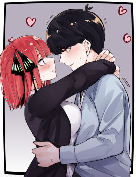 1boy 1girl absurdres antenna_hair black_cardigan black_hair blush breast_press breasts bug cardigan commentary_request couple eye_contact facing_another from_side go-toubun_no_hanayome hair_ribbon heart hetero highres hug looking_at_another mame1645 medium_breasts nakano_nino orange_hair profile ribbon school_uniform sweatdrop uesugi_fuutarou upper_body