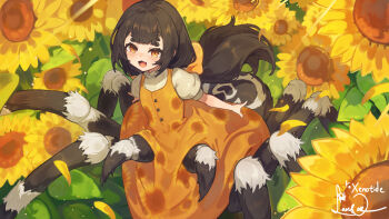 1girl arachne arthropod_girl blush brown_hair commentary_request dress extra_eyes field flower flower_field highres insect_girl lansane long_hair looking_at_viewer monster_girl multiple_legs open_mouth orange_eyes original smile solo spider_girl sunflower sunflower_field taur