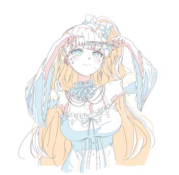 1girl arms_up blonde_hair blunt_bangs bow breasts cleavage closed_mouth color_trace cut_bangs cutting_hair cutting_own_hair detached_sleeves dress earrings hair_bow highres holding holding_own_hair holding_scissors jewelry large_breasts long_hair long_sleeves looking_up mahou_shoujo_no_majo_saiban partially_colored saeki_miria scissors simple_background solo sweatdrop tsujiya_okuyasu upper_body white_background