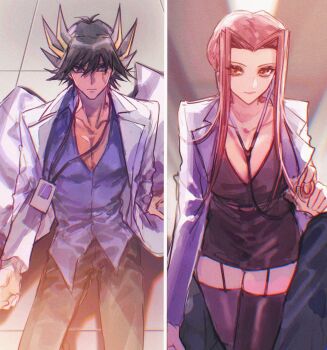 1boy 1girl absurdres belt between_legs black_dress black_hair black_pants black_thighhighs blue_eyes blue_shirt brown_eyes ceiling ceiling_light chinese_commentary coat collared_shirt commentary doctor dress facial_mark facial_tattoo fudo_yusei garter_straps girl_on_top hetero highres holding holding_stethoscope id_card izayoi_aki lab_coat lanyard multicolored_hair naoki_(2rzmcaizerails6) on_floor on_ground open_clothes open_coat pants partially_unbuttoned pov purple_hair shirt short_hair short_hair_with_long_locks sitting smile spiked_hair split_screen stethoscope streaked_hair tattoo thighhighs tile_floor tiles yu-gi-oh! yu-gi-oh!_5d's