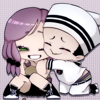 1boy 1girl belt black_belt black_hair black_shoes cheek-to-cheek chibi chibi_only closed_eyes commentary_request couple dixie_cup_hat flower_ornament green_eyes hair_bobbles hair_ornament hat heads_together higashikata_josuke_(jojolion) highres hirose_yasuho hug jojo_no_kimyou_na_bouken jojolion kneeling long_sleeves makeup military_hat one_eye_closed pants purple_hair sailor sailor_collar sailor_hat shirt shoes shorts sleeveless sleeveless_shirt smile sneakers souzou_bunni teeth white_hat white_pants white_sailor_collar white_shirt yellow_shirt