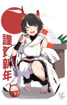 1girl :d ^_^ absurdres artist_logo asymmetrical_legwear black_gloves black_hair black_nails black_skirt blue_archive blush breasts bridal_gauntlets broken_horn closed_eyes commentary_request detached_sleeves earrings feet full_body gloves grey_halo halo hand_up highres hoop_earrings horns japanese_clothes jewelry kimono kyurosuku large_breasts logo long_sleeves looking_at_viewer miniskirt mole mole_under_eye niya_(blue_archive) open_mouth pleated_skirt short_hair sideboob sideless_kimono single_sock single_thighhigh skirt smile socks solo squatting stirrup_legwear thighhighs toeless_legwear toes translation_request uneven_legwear v white_background white_kimono white_sleeves white_socks white_thighhighs wide_sleeves