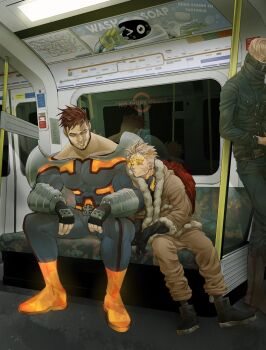 3boys ad beard bench best_jeanist blonde_hair blue_eyes boku_no_hero_academia boots burn_scar costume cowboy_boots denim earrings elbows_on_knees endeavor_(boku_no_hero_academia) facial_hair feathered_wings feathers fur-trimmed_jacket fur_trim goatee hawks_(boku_no_hero_academia) headphones highres jacket jewelry leaning_forward leaning_on_object leaning_on_person male_focus map multiple_boys red_feathers red_hair reflection rimless_eyewear scar sitting sitting_on_object slouching solidafg spread_legs standing standing_on_one_leg stud_earrings subway subway_map tinted_eyewear train_interior undercut wash_(boku_no_hero_academia) window wings