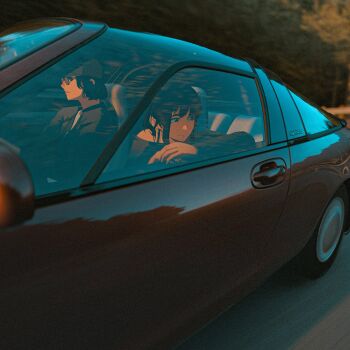 1boy 1girl baseball_cap black_hair black_hat black_jacket black_shirt car commentary day driving english_commentary faiz_azhar forza forza_horizon_6 game_screenshot_background hat highres jacket long_sleeves medium_hair motion_blur motor_vehicle off_shoulder open_clothes open_jacket red_car screenshot_background shade shirt sidelocks sunglasses toyota_sera tree