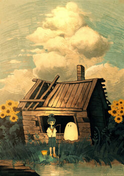 1girl absurdres ahoge ahoge_girl_(jimini_shijimi) aqua_eyes aqua_hair aqua_skirt blue_sky bucket building chimney cloud commentary_request day dock fishing fishing_line fishing_rod flower ghost grass highres house jimini_shijimi neckerchief no_pupils orange_neckerchief original outdoors pleated_skirt ruins school_uniform serafuku shirt short_hair short_sleeves sidelocks skirt sky sunflower sunlight white_shirt