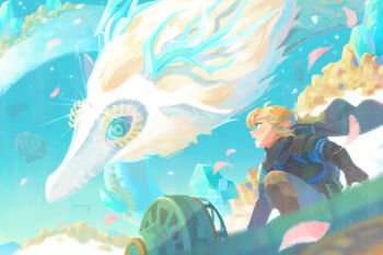 Rule 34 | 1boy, absurdres, aqua horns, armor, blonde hair, blue eyes, blue tunic, boots, bracer, brown boots, brown gloves, champion's tunic (zelda), commentary request, dragon, earrings, eastern dragon, fingerless gloves, floating clothes, floating hair, floating island, flying, glint, gloves, green eyes, grey cloak, grey pants, highres, horns, jewelry, light dragon (zelda), light particles, link, looking at another, master sword, naco oekaki, nintendo, on one knee, open mouth, pants, pointy ears, ponytail, short sleeves, shoulder armor, sidelocks, sky, sword, the legend of zelda, the legend of zelda: tears of the kingdom, tree, tunic, turtleneck, weapon, zonai device