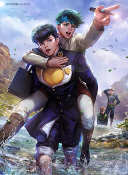 4boys bag blue_eyes carrying diamond_wa_kudakenai earrings gakuran hand_on_own_hip heart higashikata_josuke highres hirose_koichi holding holding_pen jacket jewelry jojo_no_kimyou_na_bouken kdash kishibe_rohan male_focus multiple_boys nijimura_okuyasu open_mouth outdoors outstretched_arm pants peace_symbol pen piggyback river school_uniform shirt short_hair wading white_jacket white_pants yellow_shirt