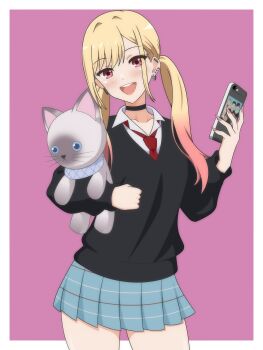 1girl absurdres black_sweater blue_skirt blush border cellphone commentary cowboy_shot dani_(angrymatthew) english_commentary highres holding holding_phone holding_stuffed_toy kitagawa_marin long_hair low_twintails miniskirt necktie phone pink_background pleated_skirt red_necktie shirt simple_background skirt smartphone solo sono_bisque_doll_wa_koi_wo_suru stuffed_animal stuffed_cat stuffed_toy sweater twintails white_border white_shirt