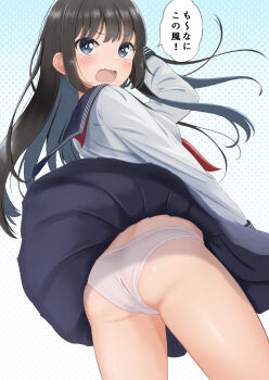 1girl angry ass blue_background blue_eyes blue_skirt blush brown_hair embarrassed from_behind long_hair long_sleeves looking_at_viewer neckerchief open_mouth original panties polka_dot polka_dot_background red_neckerchief school_uniform shirt skirt speech_bubble standing surprised tanakaminos two-tone_background underwear white_background white_panties white_shirt wind wind_lift