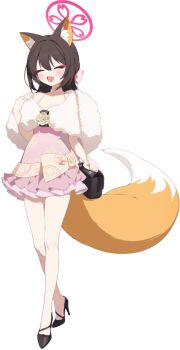 1girl :d ^_^ animal_ear_fluff animal_ears bag blue_archive blush bow breasts brown_hair capelet choker closed_eyes collarbone colored_inner_animal_ears dress eyeshadow fang fox_ears fox_girl fox_tail frilled_dress frills full_body fur_capelet fur_shawl game_asset hair_bow halo hanekoto high_heels highres izuna_(blue_archive) izuna_(dress)_(blue_archive) large_variant_set long_hair makeup medium_breasts official_alternate_costume official_alternate_hairstyle official_art open_mouth pink_bow pink_choker pink_dress pink_eyeshadow pink_halo shawl shoulder_bag simple_background skin_fang smile solo standing tachi-e tail third-party_source transparent_background variant_set