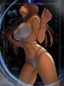 1girl artist_request bikini bow brown_hair character_name dark-skinned_female dark_skin female_focus fingernails hair_bow highres jewelry long_hair miary_zo multi-strapped_bikini_bottom namco navel pink_hairbow pink_nails solo swimsuit tekken tekken_8 thighs white_bikini