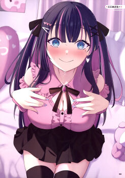 1girl absurdres artist_name black_hair black_ribbon black_skirt black_thighhighs blouse blue_eyes blue_nails blush breasts brooch cleavage cleavage_cutout closed_mouth clothing_cutout cocoablue23 dengeki_moeoh earrings frilled_shirt frills gradient_nails hair_ornament hair_ribbon hairclip hairpin hands_on_own_chest heart heart_earrings heart_hair_ornament highres indoors jewelry large_breasts long_hair looking_at_viewer magazine_scan miniskirt mole mole_under_eye multicolored_hair nail_polish neck_ribbon nose_blush on_bed original page_number pink_nails pink_shirt pink_streaks ribbon scan shiny_skin shirt shoulder_cutout sidelocks sitting skirt smile solo streaked_hair stuffed_toy sweat tearing_up thighhighs third-party_source two_side_up x_hair_ornament zettai_ryouiki