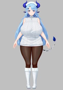1girl absurdres animal_ears animal_print arms_at_sides beret blue_eyes blue_hair blue_horns blue_pupils boots breasts bright_pupils closed_mouth cow_ears cow_girl cow_tail cream_cod full_body grey_background hair_ornament hairclip hat highres horns huge_breasts indie_virtual_youtuber jewelry long_hair miilkywayz mole mole_under_eye mole_under_mouth necklace official_art open_hands pantyhose parted_bangs pom_pom_(clothes) second-party_source sidelocks simple_background sleeveless sleeveless_sweater solo standing star-shaped_pupils star_(symbol) straight-on sweater symbol-shaped_pupils tachi-e tail thick_thighs thighs turtleneck turtleneck_sweater virtual_youtuber white_boots white_hat white_sweater