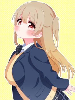 1girl black_bow black_bowtie black_jacket black_skirt blush bow bowtie breasts brown_hair jacket large_breasts long_hair long_sleeves looking_at_viewer minagi_koharu open_clothes open_jacket plaid_clothes plaid_skirt polka_dot polka_dot_background r245 red_eyes school_uniform shirt skirt slow_loop standing striped_bow striped_bowtie striped_clothes sweater_vest twintails white_shirt yellow_background yellow_sweater_vest