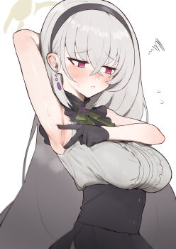 1girl @_@ arm_behind_head armpit_focus armpits black_gloves black_hairband blue_archive blush breasts brown_halo closed_mouth dress earrings gloves grey_hair hair_between_eyes hairband halo highres jewelry kenko_otu large_breasts long_hair nose_blush presenting_armpit purple_eyes sakurako_(blue_archive) sakurako_(idol)_(blue_archive) simple_background sleeveless sleeveless_dress solo spread_armpit squiggle upper_body white_background
