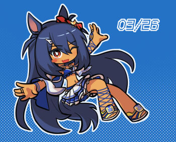 1girl absurdly_long_hair animal_ears arm_ribbon bare_shoulders bikini bikini_skirt black_hair blue_background blue_bikini blue_ribbon blue_skirt blue_sleeves blush_stickers breasts bright_pupils brown_eyes chibi choker cleavage clothing_cutout commentary_request crescent crescent_hair_ornament dark-skinned_female dark_skin dated detached_sleeves dot_nose ear_scrunchie fang frilled_bikini frills hair_between_eyes hair_ornament halftone halftone_background happy highres hishi_amazon_(azure_amazon)_(umamusume) hishi_amazon_(umamusume) horse_ears horse_girl horse_tail hwipa_(param_blue) korean_commentary leg_ribbon light_blush long_hair looking_at_viewer miniskirt multicolored_bikini navel o-ring one_eye_closed open_mouth outline outstretched_arms pleated_skirt red_scrunchie ribbon sandals scrunchie shoulder_cutout single_blush_sticker skin_fang skirt smile solo stomach striped_clothes striped_scrunchie swimsuit tail two-sided_sleeves two-tone_bikini two-tone_skirt two_side_up umamusume very_long_hair white_bikini white_choker white_outline white_pupils white_sandals white_skirt white_sleeves