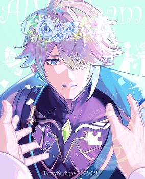 1boy 1other alhaitham_(genshin_impact) antenna_hair black_shirt blue_flower blue_rose cable cape character_name chest_jewel commentary_request confetti dated flower flower_wreath gem genshin_impact green_background green_cape green_eyes green_gemstone green_hair grey_hair hair_over_one_eye happy_birthday head_wreath headphones highres kamino_eru kaveh_(genshin_impact) looking_at_viewer male_focus multicolored_hair one_eye_covered parted_bangs parted_lips pov pov_hands purple_flower purple_rose puzzle_piece rose shirt short_hair solo_focus upper_body