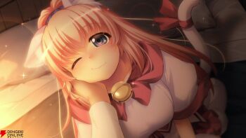 1boy 1girl animal_ears animal_hands atelier-moo bell blue_eyes blush breasts cat_ears cat_girl cat_paws cat_tail closed_mouth dress evening from_above game_cg gloves hair_between_eyes hand_on_another&#039;s_cheek hand_on_another&#039;s_face high_ponytail indoors large_breasts long_hair long_sleeves looking_at_viewer melody_sinclair neck_bell official_art on_bed one_eye_closed paw_gloves paw_shoes pillow pink_hair ponytail pov pov_hands ribbon second-party_source seiza sidelocks sitting skirt smile tail tail_ornament tail_ribbon very_long_hair white_gloves wide_ponytail yuukyuu_gensoukyoku yuukyuu_gensoukyoku_revival