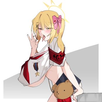 1girl absurdres aged_up armband ascot ass black_skirt blonde_hair blue_archive blush breasts covered_erect_nipples crop_top fellatio_gesture hair_between_eyes hair_ribbon halo hanging_breasts highres huge_breasts ibuki_(blue_archive) jahe_(73732258) leaning_forward leaning_on_object looking_at_viewer medal open_mouth pink_ribbon red_ascot ribbon school_uniform seductive_gaze shirt shirt_pocket sidelocks skirt solo stuffed_animal stuffed_toy teddy_bear tongue tongue_out twintails underboob white_shirt yellow_eyes yellow_halo