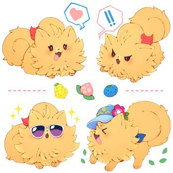 Rule 34 | !, !!, > <, ?, absurdres, berry (pokemon), bow, closed mouth, commentary, fangs, flower, hat, hat flower, heart, highres, multiple views, nintendo, no humans, open mouth, oran berry, orange fur, pecha berry, plushcharm, pokemon, pokemon (creature), pokemon focus, pombon, purple-tinted eyewear, sitrus berry, smile, sparkle, speech bubble, spoken heart, spoken question mark, tail, tinted eyewear, tongue, tongue out