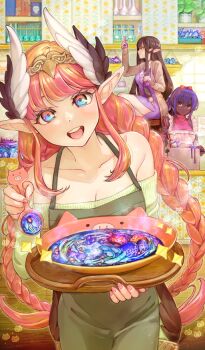 3girls absurdly_long_hair apron aqua_eyes bad_food bare_shoulders blush braid breasts brown_hair brown_wings burnt_food circe_(fate) circe_(mushrooming)_(fate) cleavage cooking cooking_pot dark-skinned_female dark_skin detached_sleeves fate/grand_order fate_(series) feathered_wings hairband hassan_of_serenity_(fate) hassan_of_serenity_(mushrooming)_(fate) head_wings headband kawai_makoto ladle large_breasts liquid long_hair looking_at_viewer multiple_girls off-shoulder_sweater off_shoulder official_art open_mouth pink_hair pink_nails plate pointy_ears poison potion purple_eyes purple_hair red_headband semiramis_(fate) semiramis_(mushrooming)_(fate) smile spoon sweater textless_version twin_braids very_dark_skin very_long_hair winged_hair_ornament wings yellow_sweater