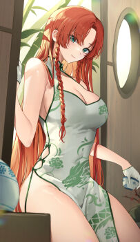 1girl absurdres alternate_costume bamboo bare_shoulders blurry blurry_foreground braid breasts china_dress chinese_clothes cleavage cleavage_cutout closed_mouth clothing_cutout covered_navel cowboy_shot dragon_print dress floral_print floral_print_dress gloves green_eyes green_ribbon green_trim groin hand_up hashtag-only_commentary highres hong_meiling large_breasts leaf light_smile long_hair looking_at_viewer mandarin_collar meiling_day no_bra orange_hair parted_bangs pelvic_curtain print_dress ribbon round_window sarukana sitting sleeveless sleeveless_dress solo thighs touhou twin_braids very_long_hair white_gloves window