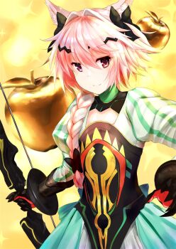 1boy apple astolfo_(fate) atalanta_(fate) atalanta_(fate)_(cosplay) atalanta_(third_ascension)_(fate) bare_shoulders blush bow_(weapon) braid cosplay costume_switch fate/apocrypha fate_(series) food fruit golden_apple hair_intakes hair_ribbon juliet_sleeves long_hair long_sleeves looking_at_viewer male_focus p_answer pink_hair puffy_sleeves purple_eyes ribbon single_braid smile solo trap weapon
