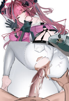 1boy 1girl absurdres aqua_hair arknights arknights:_endfield ass barefoot black_gloves black_horns censored commentary_request completely_nude crop_top feet from_behind gloves grabbing_another's_ass groping hair_on_horn hetero highres horns imminent_penetration imminent_vaginal long_hair looking_at_viewer mikuning mosaic_censoring multicolored_hair nude pants penis pink_hair pointy_ears purple_hair pussy simple_background soles streaked_hair tail two-tone_hair very_long_hair white_background white_pants yvonne_(arknights)